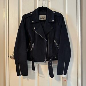 Women’s Levi Strauss Faux Suede Navy Blue Short Moto Style Jacket Medium NWT